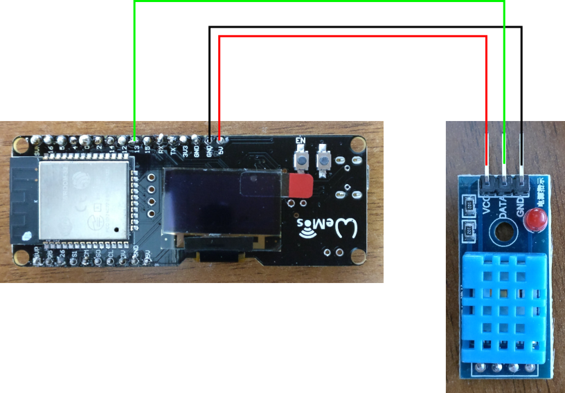 diagram showing a ESP32 microcontroller wired up to a DHT11
sensor