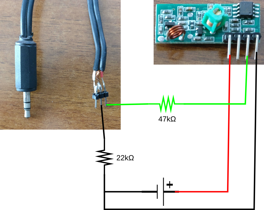 diagram showing a 433MHz receiver wired up to a stereo audio
cable via resistors